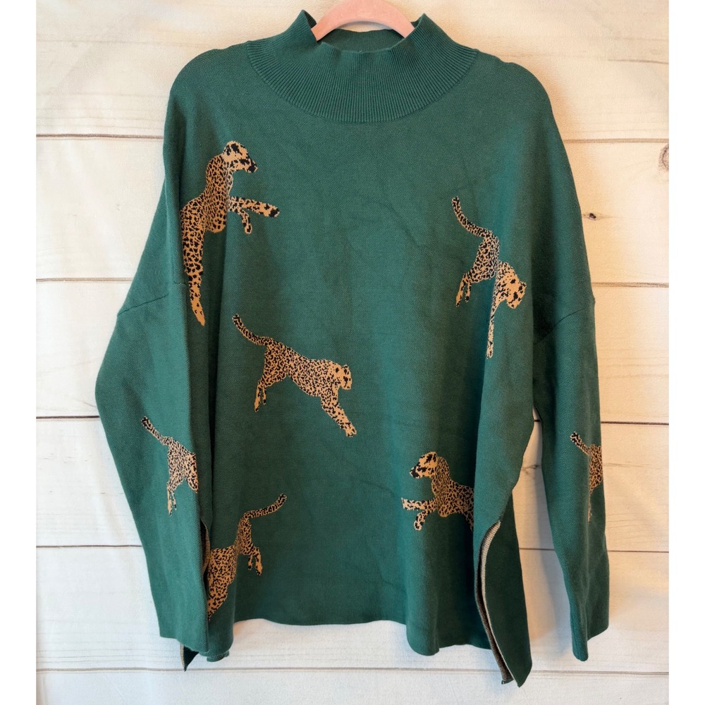 Entro Green Cheetah Print Mock Neck Sweater Side Slits T19499 Large